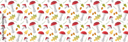 Vector image. Seamless patterns. Autumn illustration with amanita and acorns and leaves.