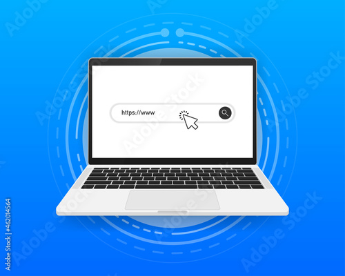Laptop computer with a search engine on the screen. Click on the search bar to access information. Vector illustration.