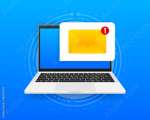 Unread email notification. One new message on the laptop screen. Online chat. Vector illustration.