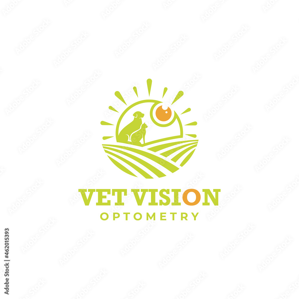 vet vision optometry logo, vector scenery eye sun with cat and dog in the hill 