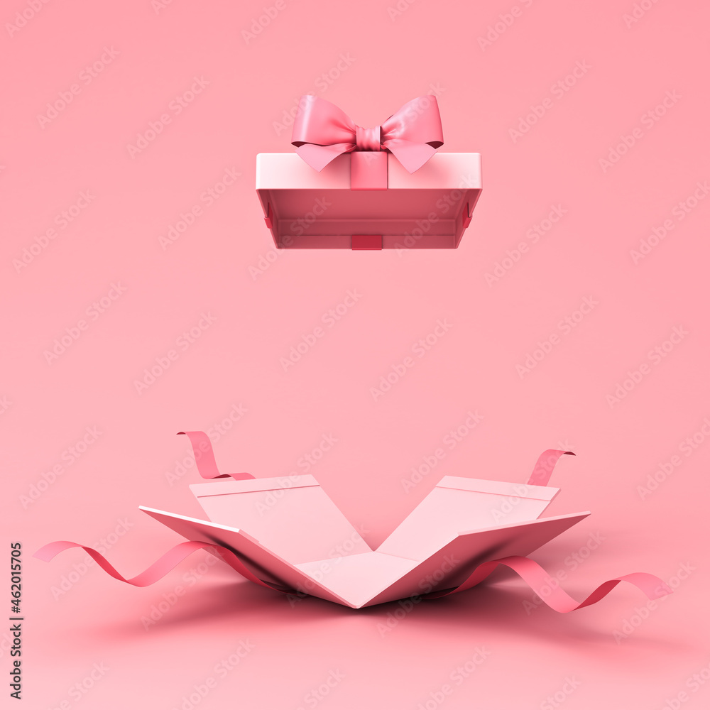 Surprise gift box or blank pink pastel color present box tied with pink ribbon and bow isolated on light pink background with shadow minimal conceptual 3D rendering - obrazy, fototapety, plakaty 
