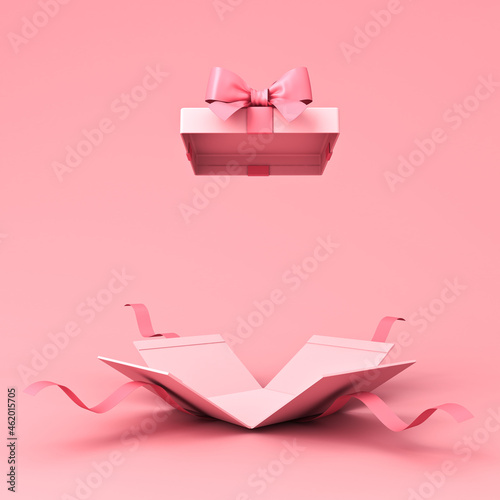 Surprise gift box or blank pink pastel color present box tied with pink ribbon and bow isolated on light pink background with shadow minimal conceptual 3D rendering