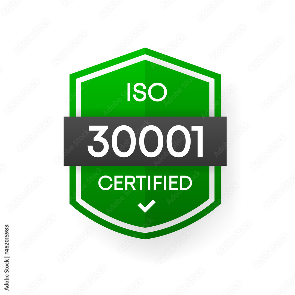 ISO 30001 Certified green vector banner. Flat certification label isolated on white background. Food safety concept. Vector illustration. ISO 30001 Certified green vector banner. Flat certification label isolated on white background. Food safety concept. Vector illustration.