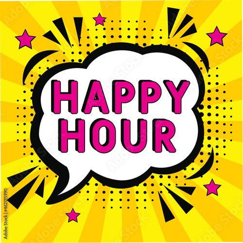 Comic book explosion with text Happy Hour, vector illustration. Happy Hour in comic pop art style. Comic advertising concept with Happy Hour wording. Modern Web Banner Element