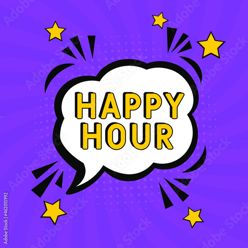 Comic book explosion with text Happy Hour, vector illustration. Happy Hour in comic pop art style. Comic advertising concept with Happy Hour wording. Modern Web Banner Element