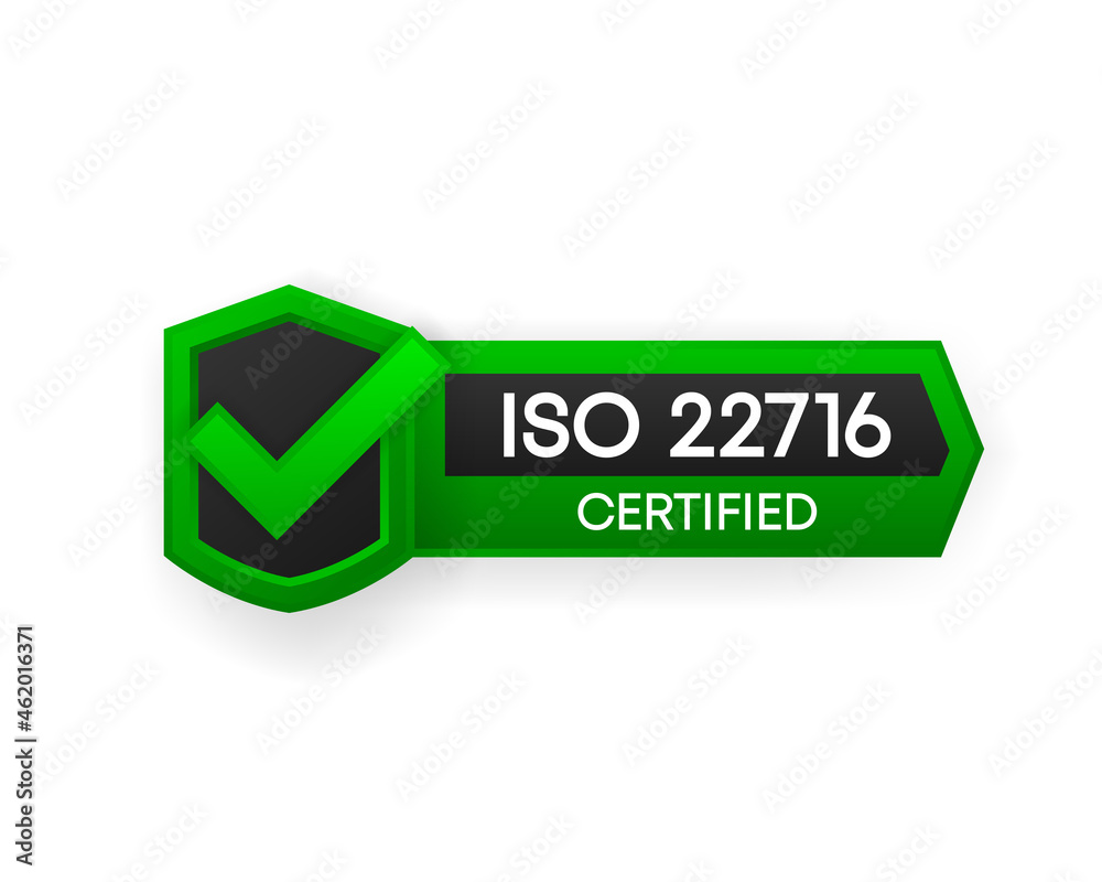 ISO 22716 Certified green vector banner. Flat certification label isolated on white background. Food safety concept. Vector illustration. ISO 22716 Certified green vector banner. Flat certification label isolated on white background. Food safety concept. Vector illustration.