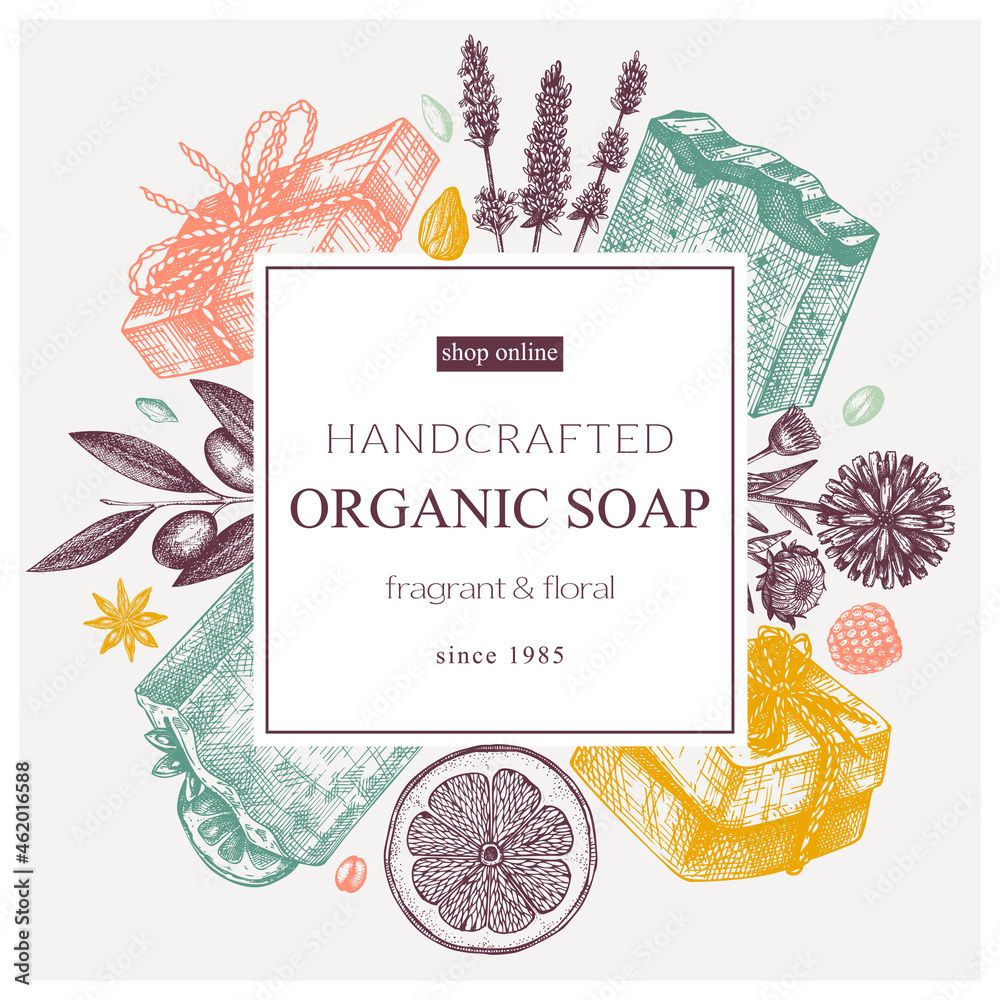 Organic soap wreath design in color. Hand-sketched aromatic materials and natural ingredients for cosmetics, perfumery. Great for branding, packaging, identity, web banners. Soap frame - obrazy, fototapety, plakaty 
