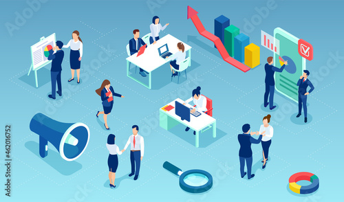 Vector of businesspeople working in open space office analysing financial data