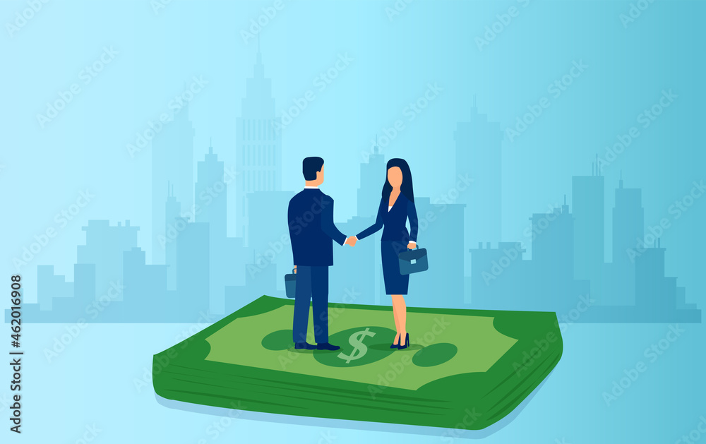 Vector of a business woman handshaking with a businessman on a pile of money having an agreement.