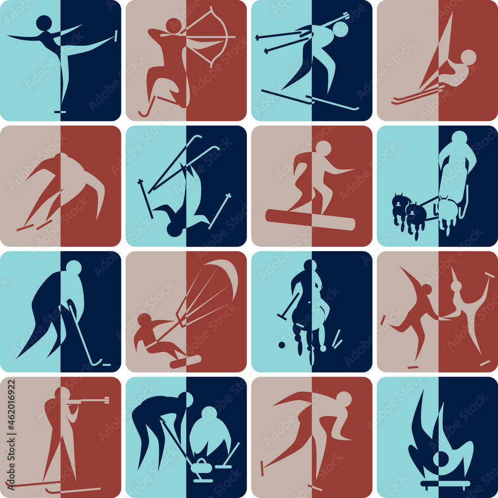 Winter sports colored icons half