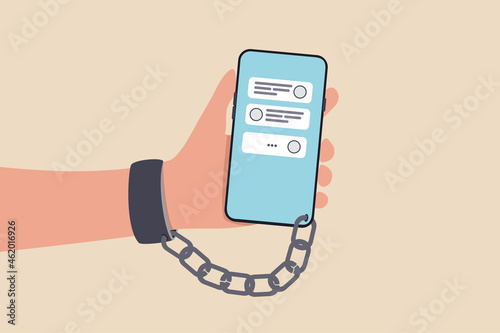 Nomophobia or no mobile phone phobia, smartphone and social media addicted or fear of missing out concept, young people with handcuff chained with mobile phone with chat and social media applications.