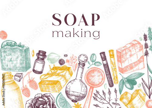 Soap-making ingredients banner in color. Hand-sketched aromatic materials for cosmetics, perfumery, soap. Great for branding, packaging, identity, web design. Colorful bars of soap template
