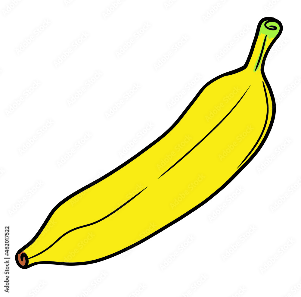Yellow banana drawing. This tropical fruit is diagonally isolated in the center. vector illustration.