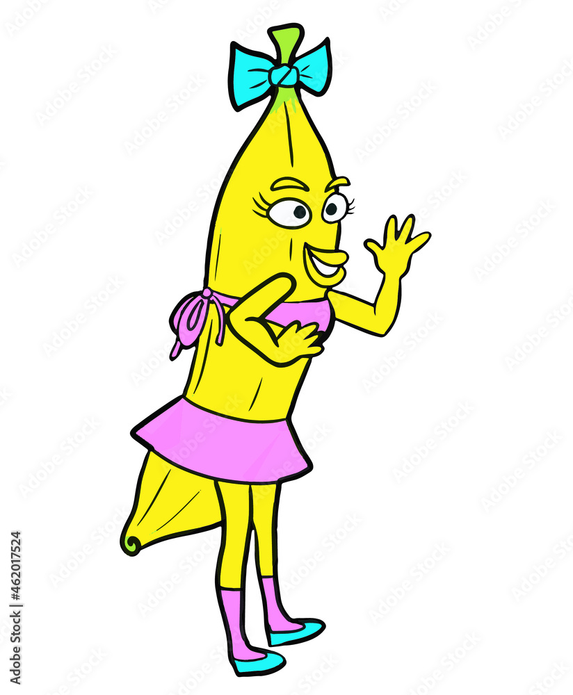 Yellow Banana girl waving. Happy character giving a positive greeting. vector illustration, white background, use it for fruit and vegetable promotions. Yellow Banana girl waving. Happy character giving a positive greeting. vector illustration, white background, use it for fruit and vegetable promotions.