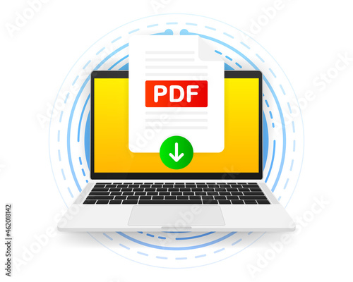 Download PDF icon file with label on screen computer. Downloading document concept. Vector illustration.