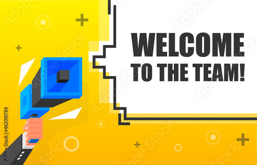 Welcome to the Team banner template. Marketing flyer with megaphone. Isometric and pixel style. Template for retail promotion and announcement. Vector illustration.