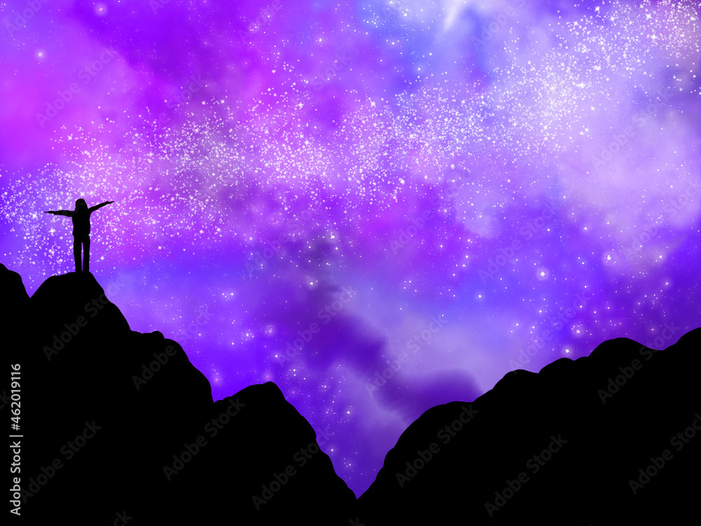 Galaxy with many shining stars. Arrived at the top of the mountain. Overcome yourself and enjoy a feeling of freedom. Overcome difficult obstacles and savor success. Sublime feeling.