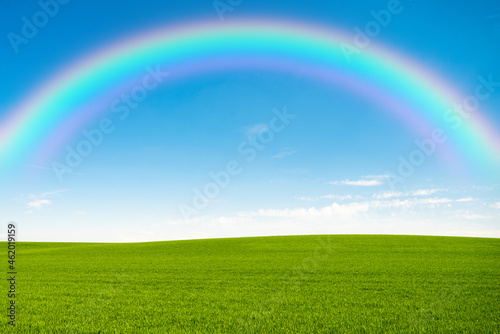  A green landscape with a rainbow in the sky