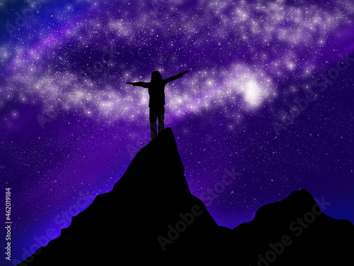 Galaxy with many shining stars. Arrived at the top of the mountain. Overcome yourself and enjoy a feeling of freedom. Overcome difficult obstacles and savor success. Sublime feeling.