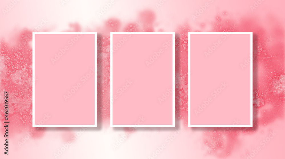 Luminous white picture frames on an artistic background with with paint splatters in shades of pink. Luminous white picture frames on an artistic background with with paint splatters in shades of pink.