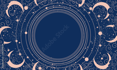 Blue mystical background with stars, clouds and orbits with place for text. Heavenly boho background with copy space. Vector banner for astrology, tarot, fortune telling.