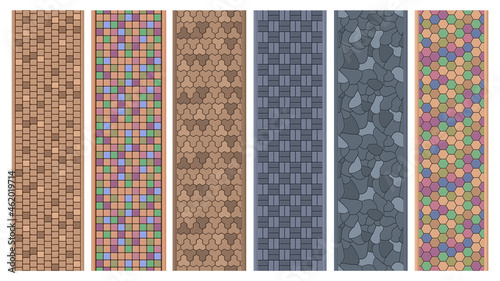 Street pavements stone, brick surfaces paths textures. Walkway paved stones, garden path stone floor vector illustration set. Brick Paving stone paths pattern
