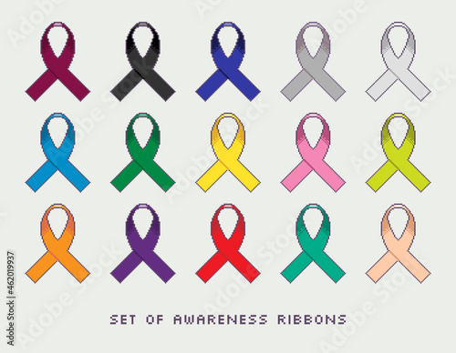 Set of vector pixel art cancer awareness ribbons.