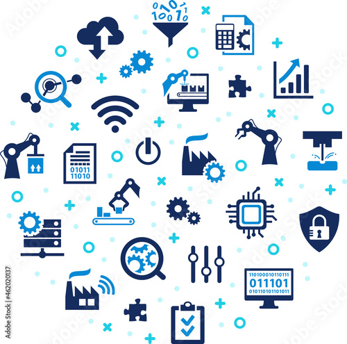 Smart factory / enterprise IoT vector illustration. Concept with icons related to digitalization / digital transformation, industrial automation / robotics, big data, production or manufacturing.