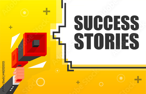 Success Stories banner template. Marketing flyer with megaphone. Isometric and pixel style. Template for retail promotion and announcement. Vector illustration.