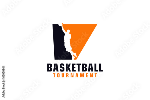 Letter V with Basketball Logo Design. Vector Design Template Elements for Sport Team or Corporate Identity.