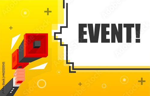 Event banner template. Marketing flyer with megaphone. Isometric and pixel style. Template for retail promotion and announcement. Vector illustration.