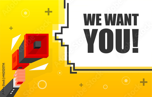 We Want You banner template. Marketing flyer with megaphone. Isometric and pixel style. Template for retail promotion and announcement. Vector illustration.