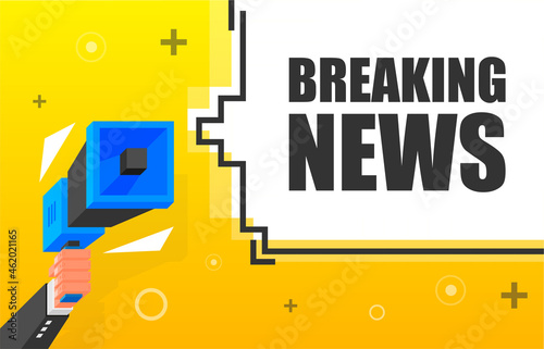 Breaking News banner template. Marketing flyer with megaphone. Isometric and pixel style. Template for retail promotion and announcement. Vector illustration.