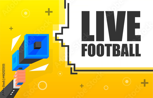 Live Football banner template. Marketing flyer with megaphone. Isometric and pixel style. Template for retail promotion and announcement. Vector illustration.