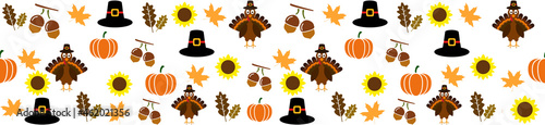 Autumnal Thanksgiving orange seamless pattern with turkeys, pumpkin, leaves, sunflowers, hat illustration.