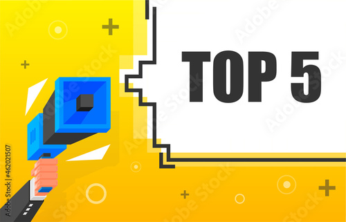 TOP 5 banner template. Marketing flyer with megaphone. Isometric and pixel style. Template for retail promotion and announcement. Vector illustration.