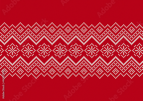 Knit seamless pattern. Red knitted texture with snowflakes. Christmas border. Xmas print. Fair isle traditional ornament. Holiday background. Festive sweater. Vector illustration.