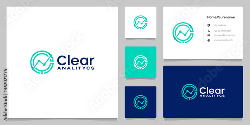 magnifying glass analytics financial growth technology outline style logo design with business card