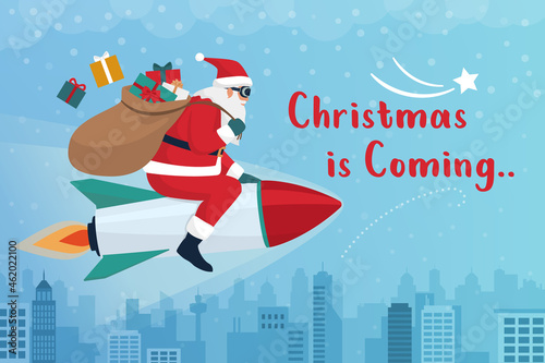 Santa Claus riding a rocket and carrying Christmas gifts