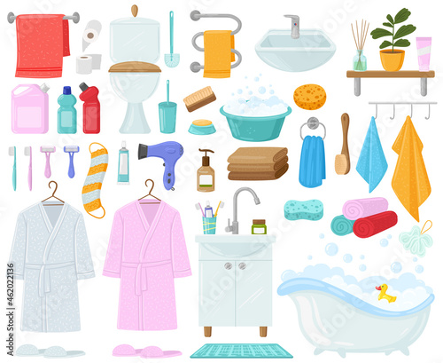 Cartoon bathtub, towels and hygiene products, bathroom elements. Bathroom hygiene accessories, bathrobe, bathtub and sink vector illustration set. Bathroom cartoon elements
