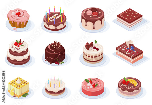 Isometric birthday event tasty strawberry, vanilla, chocolate cakes. Delicious 3d frosted party cakes vector illustration set. Sweet birthday cakes