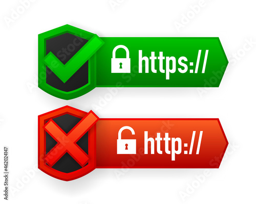 HTTP and HTTPS protocols, safe web surfing and data encryption. Browser Address Showing Secure and Insecure Web Addresses. Vector illustration.