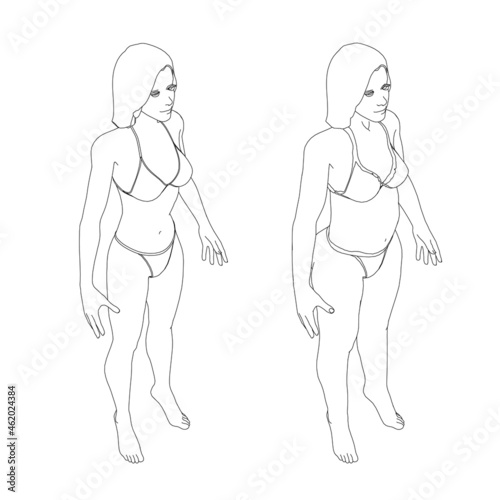 The contour of a girl in underwear, a slim and fat girl. The process of obesity of the girl body. Isometric view. Vector illustration