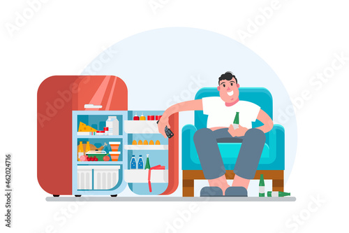 Vector illustration of a cartoon man watching TV, drinking beer, sitting on the couch near the open fridge with food. Flat design.