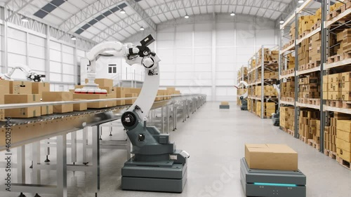 Automated Robot Carriers And Robotic Arm In Smart Distribution Warehouse photo