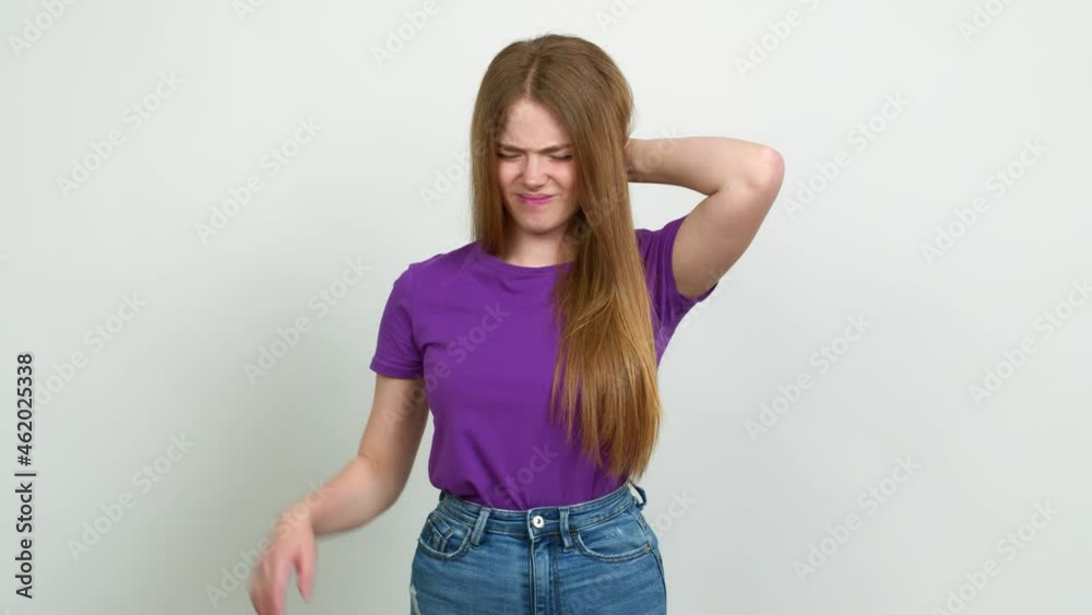 Teenager girl with neck pain over isolated background Teenager girl with neck pain over isolated background