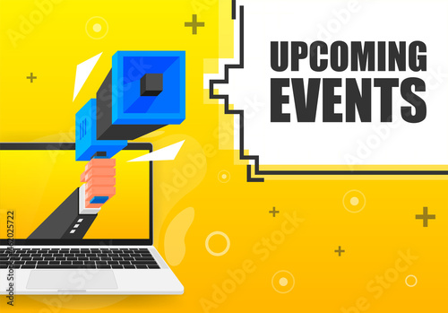 Upcoming Events banner template. Marketing flyer with megaphone. Isometric and pixel style. Template for retail promotion and announcement. Vector illustration.