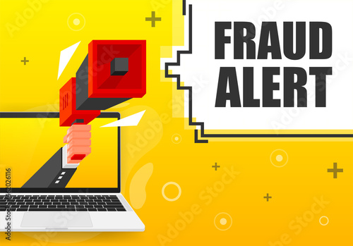 Fraud Alert banner template. Marketing flyer with megaphone. Isometric and pixel style. Template for retail promotion and announcement. Vector illustration.