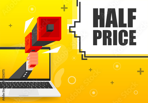 Half Price banner template. Marketing flyer with megaphone. Isometric and pixel style. Template for retail promotion and announcement. Vector illustration.