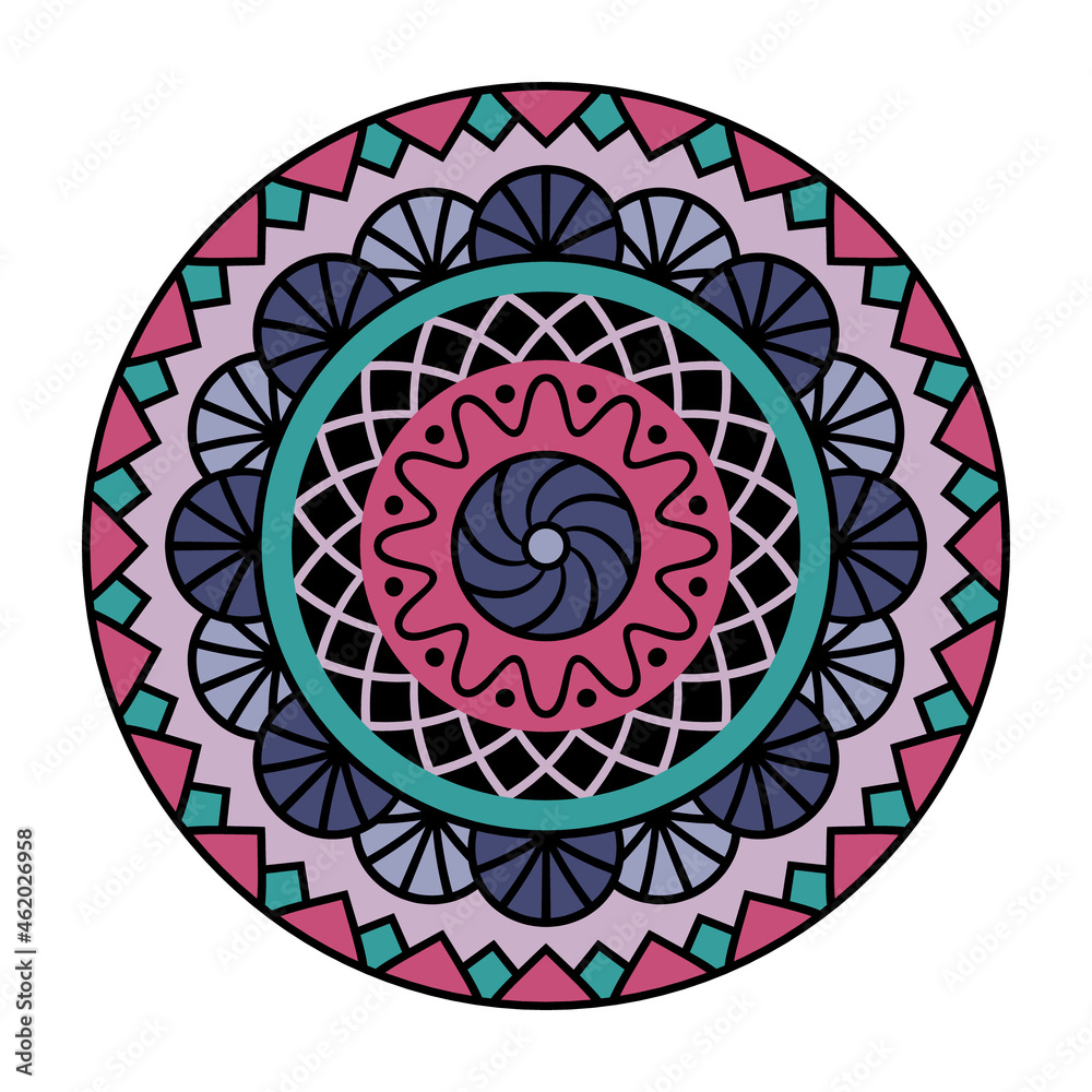Vector mandala isolated on white background. Card with ornament in blue and rose colors. Oriental pattern